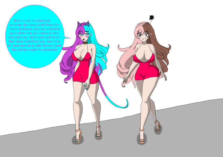 alternate_hair_color angry animal_ears balls_in_panties blue_hair brown_hair bulge_through_clothing cat_bell cat_ears cleavage clone curious_cat_(rwby) english_text high_heels huge_breasts long_hair multicolored_hair neo_(rwby) open_shoes penis_emerging_from_pussy penis_under_clothes pink_hair possessed possession purple_hair red_dress rwby tail twilight_jester