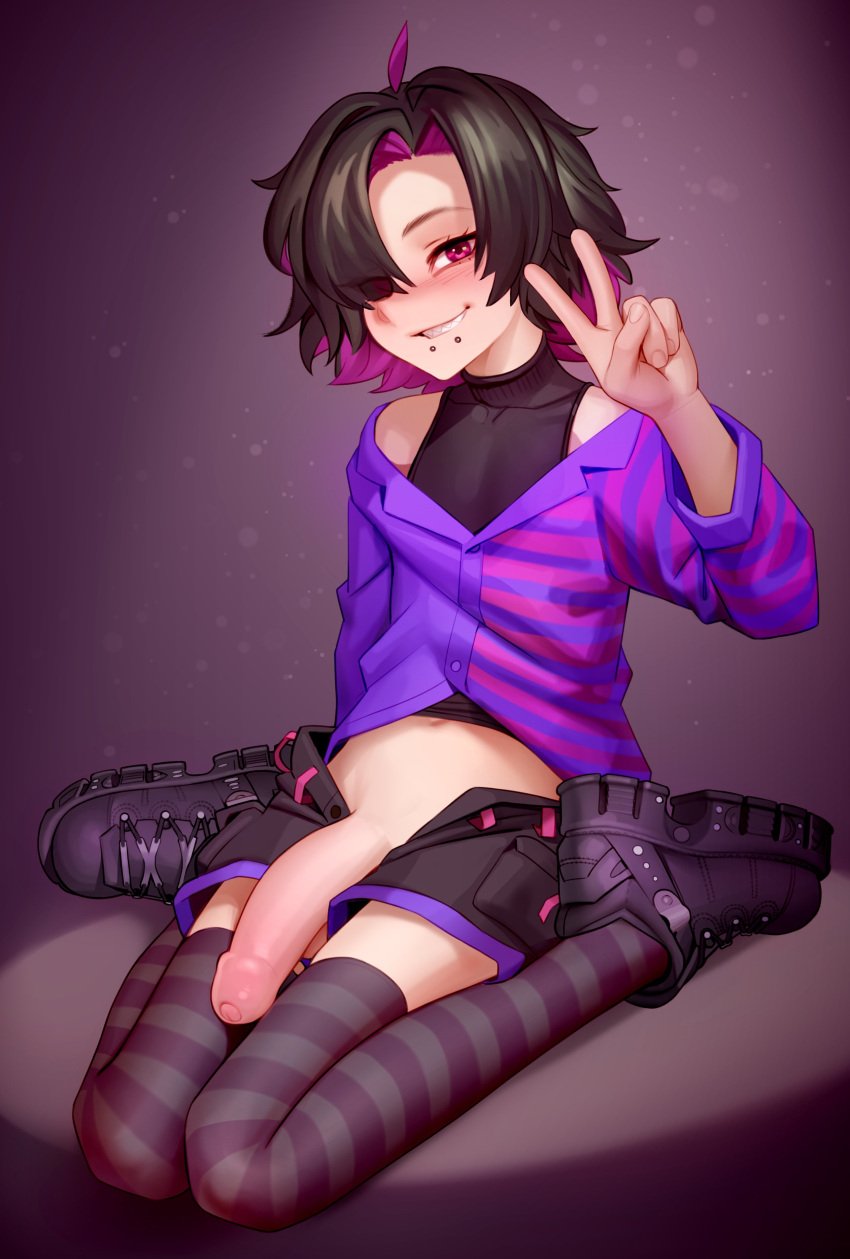 1boy absurdres big_penis black_hair boots colored_inner_hair commission femboy foreskin hair_over_one_eye highres horny hung_trap kairuhentai kairunoburogu looking_at_viewer male male_only multicolored_hair otoko_no_ko penis pink_hair solo solo_male thighhighs uncensored v