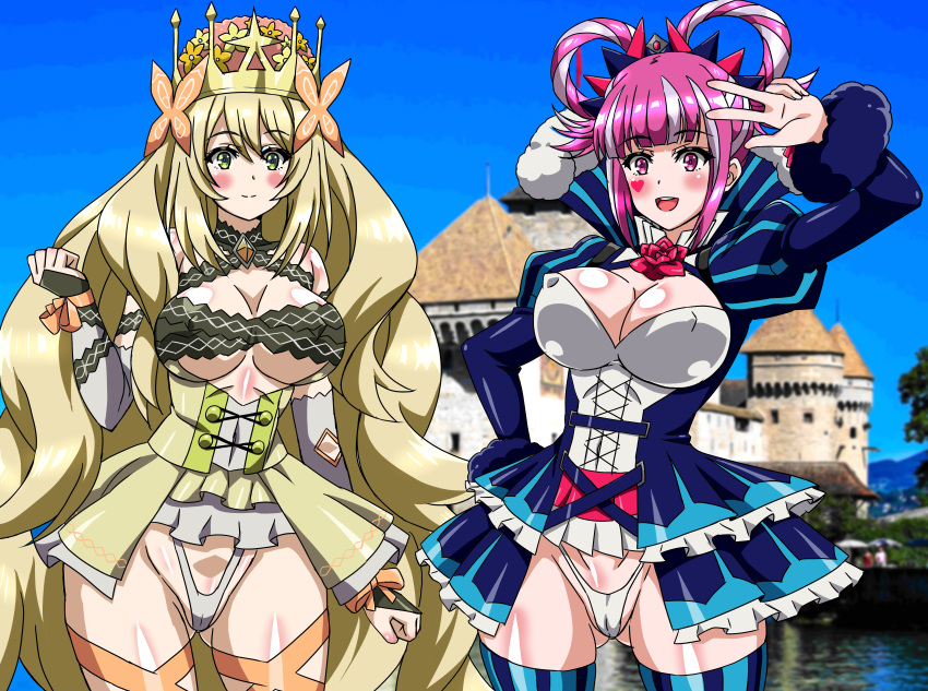 2girls arm_up ass_visible_through_thighs bare_thighs blonde_hair blush breasts butterfly_hair_ornament celine_(fire_emblem) cleavage covered_navel covered_nipples crown ezsm5857 female female_only fire_emblem fire_emblem_engage gesture hair_ornament heart hortensia_(fire_emblem) large_breasts long_hair long_sleeves looking_at_viewer mature mature_female mirujyu multicolored_hair multiple_girls nintendo open_mouth outdoors panties partially_visible_vulva pink_eyes pink_hair pose princess revealing_clothes royalty short_hair smile tattoo thick_thighs thighhighs thighs thong underboob underwear very_long_hair white_panties