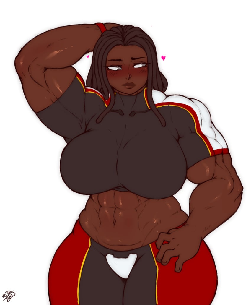 aberash_abara black_hair dark-skinned_female dreadlocks embarrassed grey_eyes muscular_female randomboobguy six_pack solo