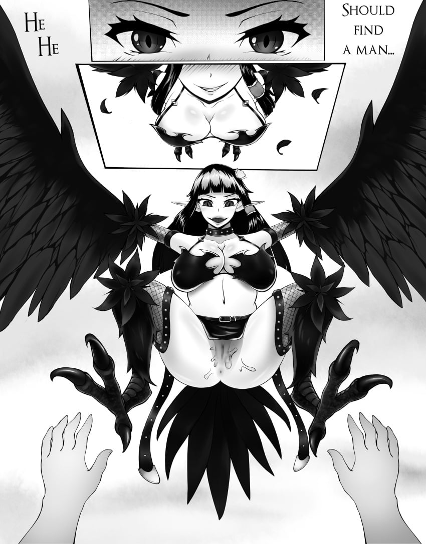 beltskirt bra claws comic dialogue fangs feathers female harpy large_breasts monster_girl monsterification post_transformation shrasik spread_legs thick_thighs transformation wide_hips wings