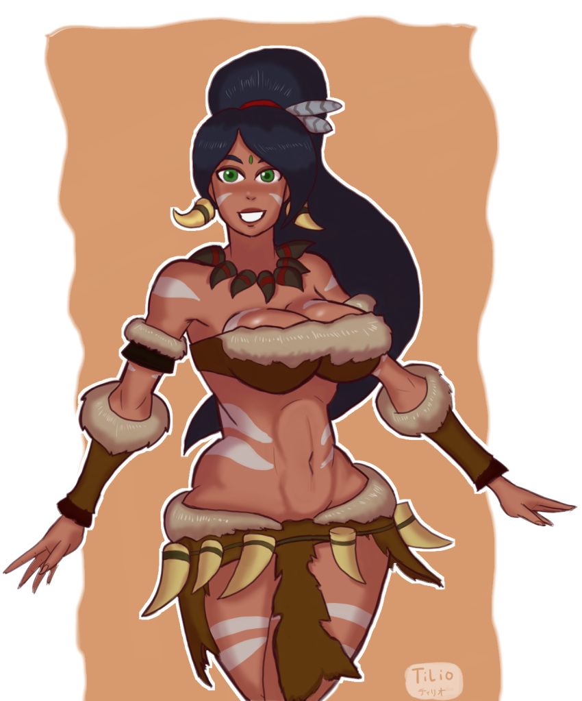 2d 2d_(artwork) big_breasts black_hair black_hair_female forehead_jewel gem_on_forehead georgezero green_eyes green_eyes_female jewel_on_forehead league_of_legends nidalee ponytail riot_games simple_background skimpy skimpy_clothes smile solo solo_female solo_focus strapless strapless_top strapless_topwear tilio tribal_markings tribal_tattoo tribal_tattoos tubetop