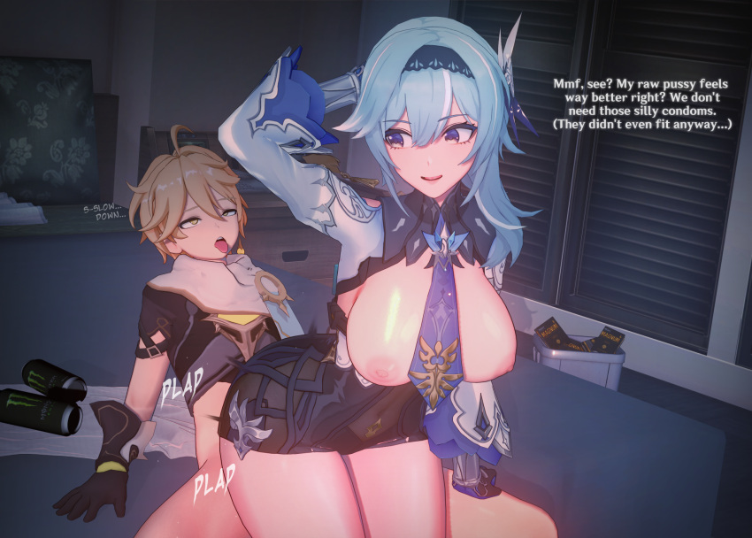 1boy 1girls 3d aether_(genshin_impact) bed bedroom big_breasts blue_hair clothed dialogue dominant_female eula_(genshin_impact) fat_ass genshin_impact girl_on_top horny_female koikatsu light-skinned_female light-skinned_male light_skin long_hair mihoyo partially_clothed pleasure_face short_hair thick_thighs vaginal_penetration vaginal_sex white_(artist)