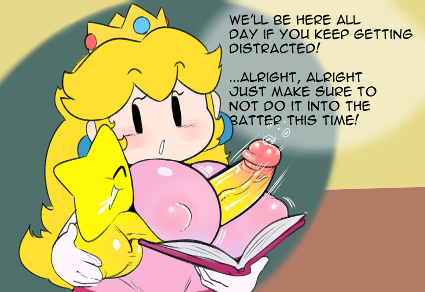 balls big_balls big_breasts big_penis blonde_hair book breasts clothing dizzytizzy dress female huge_cock human interspecies large_breasts male mario_(series) nintendo nipple_bulge paper_mario paper_peach penis princess_peach size_difference small_but_hung smaller_male star text twink_(mario)