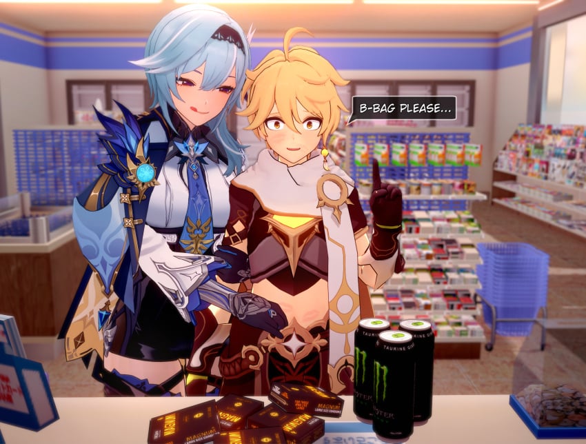 1boy 1girls 3d aether_(genshin_impact) blue_hair buying_condoms condom eula_(genshin_impact) genshin_impact horny_female imminent_sex koikatsu light-skinned_female light-skinned_male light_skin long_hair mihoyo shopping short_hair straight taller_girl text white_(artist) xxl_condom