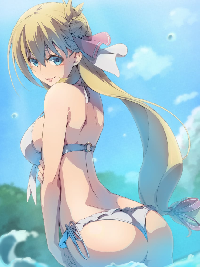 1girls agnes_claudel ass bikini blonde_hair blue_eyes blue_sky blush breasts chiharu_(9654784) cloud eiyuu_densetsu hand_on_own_arm higher_resolution_duplicate highres kuro_no_kiseki long_hair looking_at_viewer medium_breasts ocean sky smile solo summer swimsuit water white_bikini