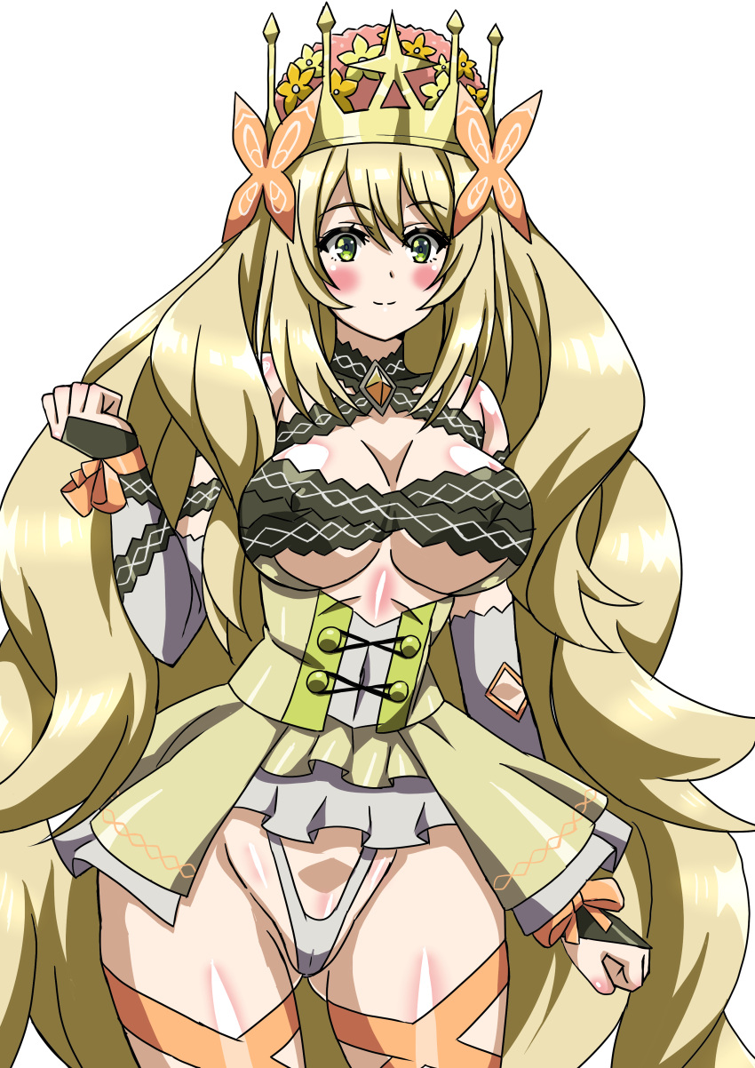 1girls ass_visible_through_thighs bare_thighs blonde_hair blush breasts butterfly_hair_ornament celine_(fire_emblem) cleavage covered_navel crown ezsm5857 female female_only fire_emblem fire_emblem_engage green_eyes hair_ornament large_breasts long_hair mature mature_female mirujyu nintendo panties partially_visible_vulva princess revealing_clothes royalty smile solo thick_thighs thighhighs thighs thong underboob underwear very_long_hair white_background white_panties