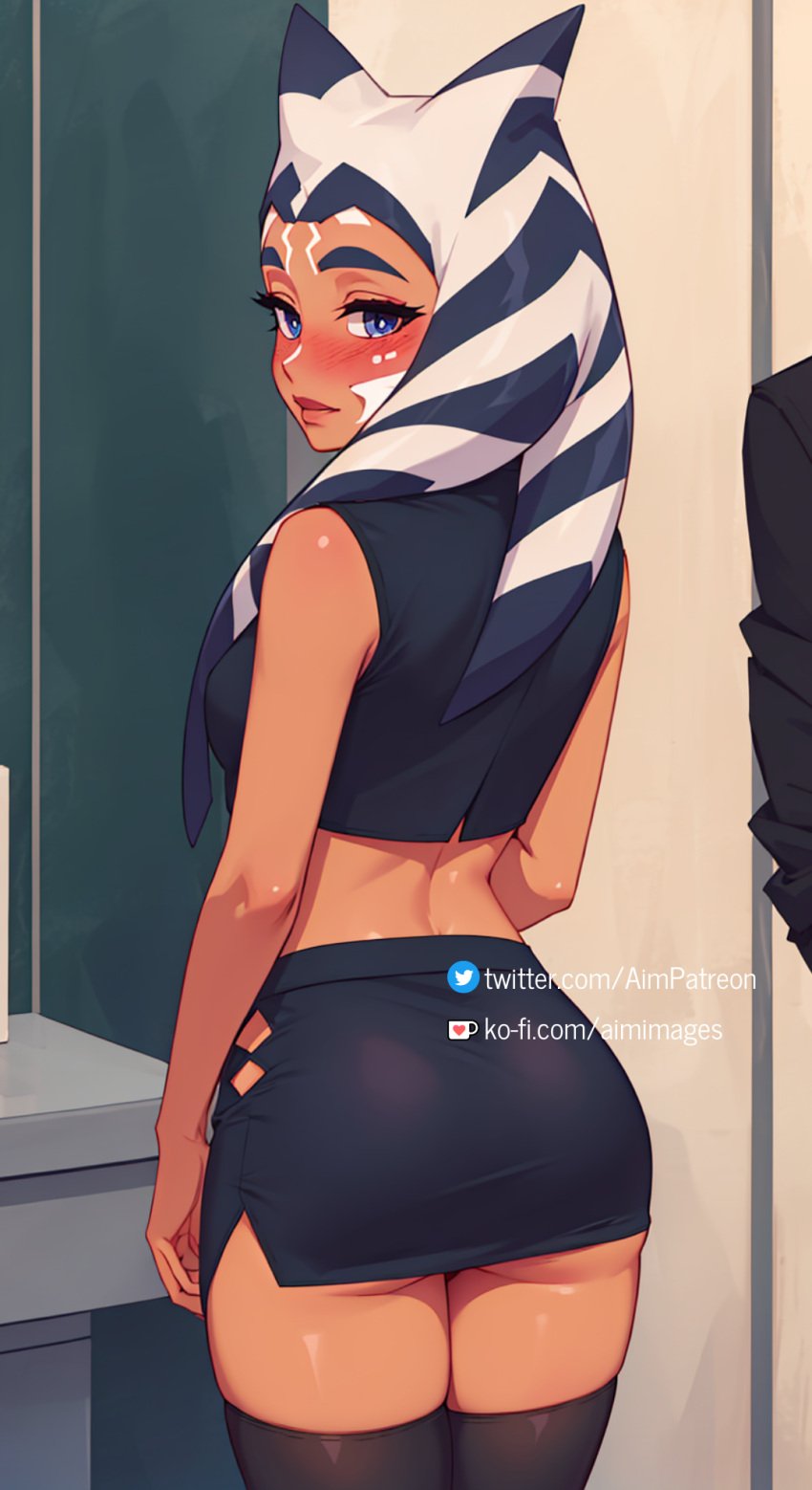 1girls ahsoka_tano ai_generated aim_patreon alien alien_girl alien_humanoid alternate_costume animal_ears ass black_legwear blue_eyes blush clone_wars crop_top embarrassed eyes facial_mark female female_only humanoid looking_at_viewer looking_back looking_back_at_viewer miniskirt open_eyes patreon_username pencil_skirt rear_view shirt skirt slit slit_skirt socks solo solo_female star_wars stockings thighhighs togruta underbutt