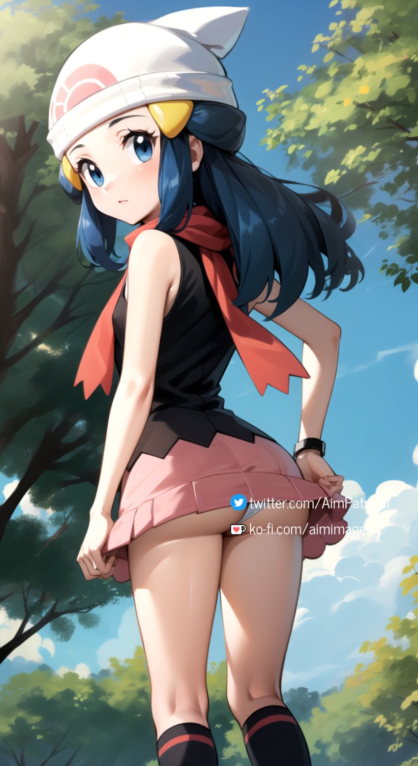 1girls against_tree ai_generated aim_patreon ass ay bare_tree beanie black_legwear blue_eyes blue_hair blue_sky blush bush cloud dawn_(pokemon) eyelashes female forest hair_ornament hat kneehighs knees long_hair looking_at_viewer looking_back miniskirt nature outdoors palm_tree pink_scarf pink_skirt pleated_skirt poke_ball_print poke_ball_symbol pokemon pokemon_dppt red_scarf scarf skirt sky sleeveless solo standing tree white_headwear