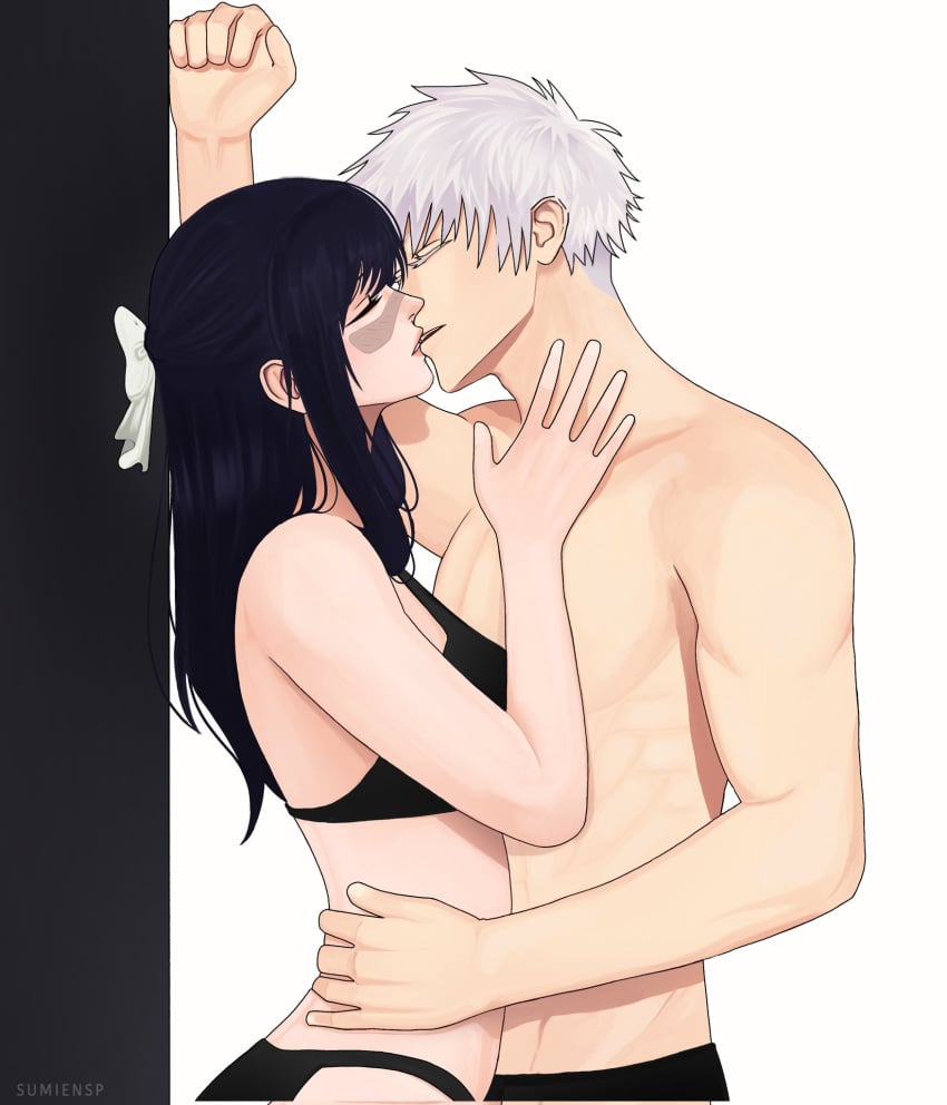 1boy 1girls against_wall albino black_underwear female hand_on_waist jujutsu_kaisen kabedon kissing light_skin making_out male male/female pinned_to_wall romantic satoru_gojo sensual shirtless straight suggestive underwear underwear_only utahime_iori white_hair