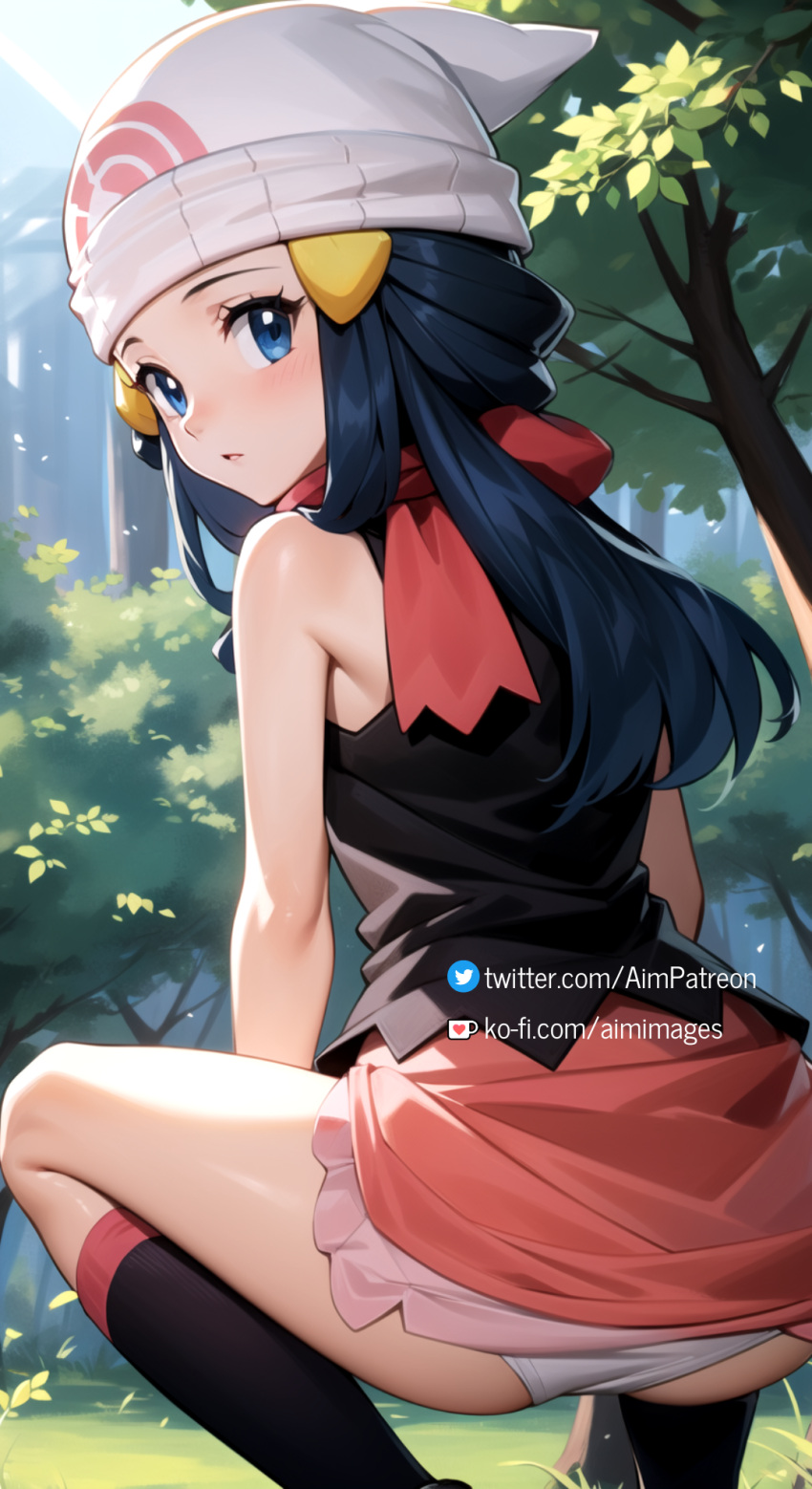 1girls against_tree ai_generated aim_patreon ass beanie black_legwear blue_eyes blue_hair bush dawn_(pokemon) day female forest grass hair_ornament hat in_tree kneehighs long_hair looking_at_viewer miniskirt nature outdoors panties pantyshot pink_scarf pink_skirt pokemon pokemon_dppt red_scarf scarf sitting skirt sleeveless tree underwear watermark white_headwear white_panties