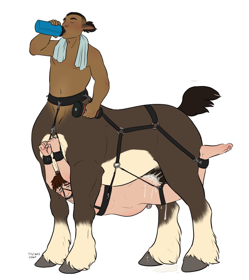 absurd_res anal anal_sex belly_riding bite_gag bodily_fluids bondage bound centaur chastity_cage chastity_device cuff_(restraint) cum cum_drip cum_in_ass cum_inside distracted_sex dominant dripping duo equid equid_taur equine gag gagged genital_fluids harness harness_gag hi_res hooves human humanoid humanoid_taur inflation interspecies kevira065 male male/male male_centaur male_only male_penetrating mammal mammal_taur muzzle_(object) penetration restraints size_difference taur undercarriage used_like_a_toy