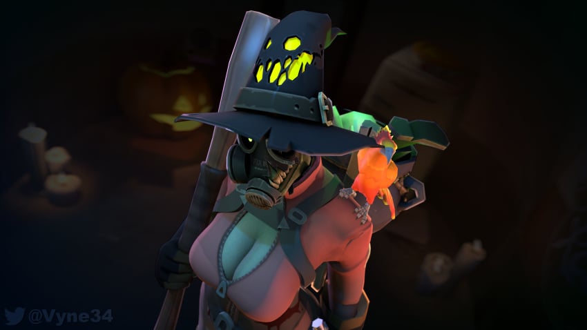 big_breasts breasts breasts broom broomstick fempyro gas_mask green_body green_skin halloween halloween_costume latex latex_gloves latex_suit lizard looking_at_viewer pyro pyro_(team_fortress_2) straps team_fortress_2 unzipped unzipped_bodysuit vyne witch_hat zipper