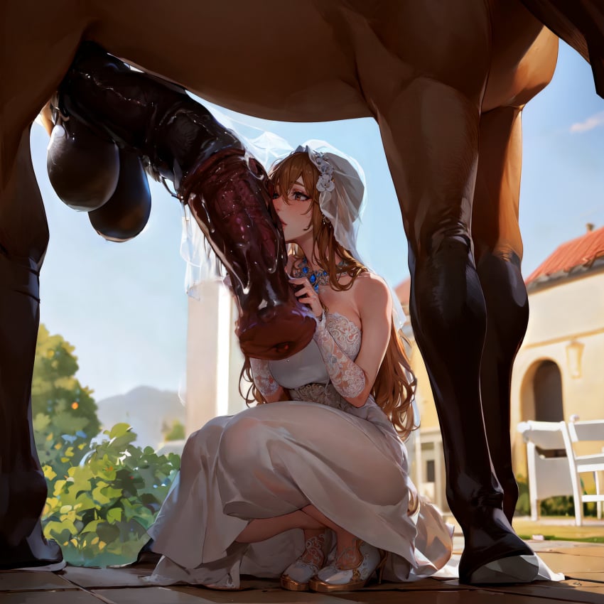 1girls ai_generated bestiality bestiality_marriage big_breasts bride female feral feral_on_female handjob holding_penis horse horse_penis horsecock huge_balls huge_cock human kissing_penis married_to_feral married_to_penis nai_diffusion phobius stable_diffusion wedding_dress wedding_with_cock zoophilia