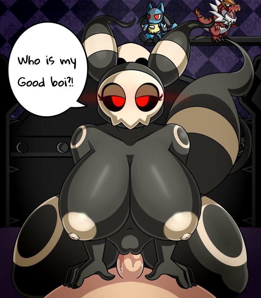 2023 absurd_res anthro areola bed bedroom bedroom_eyes big_breasts black_body black_fur black_sclera bodily_fluids bone breasts dark_room dark_sclera duo duskull eeveelution english_text female female_on_top first_person_view fossil_pokémon fossil_pokemon fur furniture fusion generation_2_pokemon generation_3_pokemon generation_4_pokemon generation_6_pokemon genital_fluids genitals ghost gigantic_breasts good_boy hands_on_pelvis hi_res huge_breasts huge_thighs human human_on_anthro hybrid inside interspecies looking_at_viewer lucario male male/female male_human/female_pokemon mammal mintyspirit narrowed_eyes nintendo nipples on_top penetration penis plushie pokemon pokemon_(species) pokemon_fusion purple_bed purple_sheets pussy pussy_juice red_eyes riding ring seductive sex shelf skull speech_bubble spirit text thick_thighs tyrantrum umbreon vaginal_penetration white_areola white_nipples