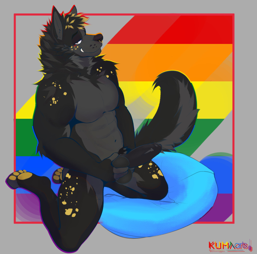 1boy anthro ashkii canid canine canis gay hi_res kumalowner lgbt_pride male mammal pride_color_background pride_color_flag pride_colors simple_background solo wolf wolf_pride