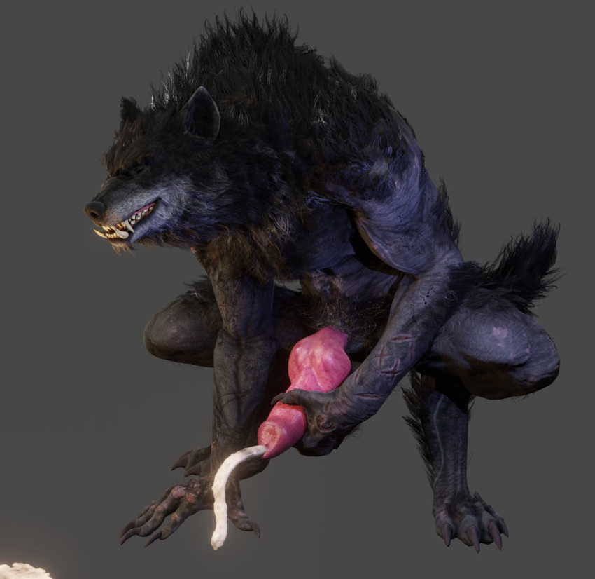 3d_(artwork) 4_toes animal_genitalia animal_penis anthro black_body black_fur black_nose bodily_fluids canid canine canine_genitalia canine_penis canis claws closed_eyes cum cumshot digital_media_(artwork) ejaculation fangs feet fur genital_fluids genitals grey_background hi_res ictonica knot male mammal masturbation orgasm penis pink_penis simple_background solo teeth toes were werecanid werecanine werewolf wolf