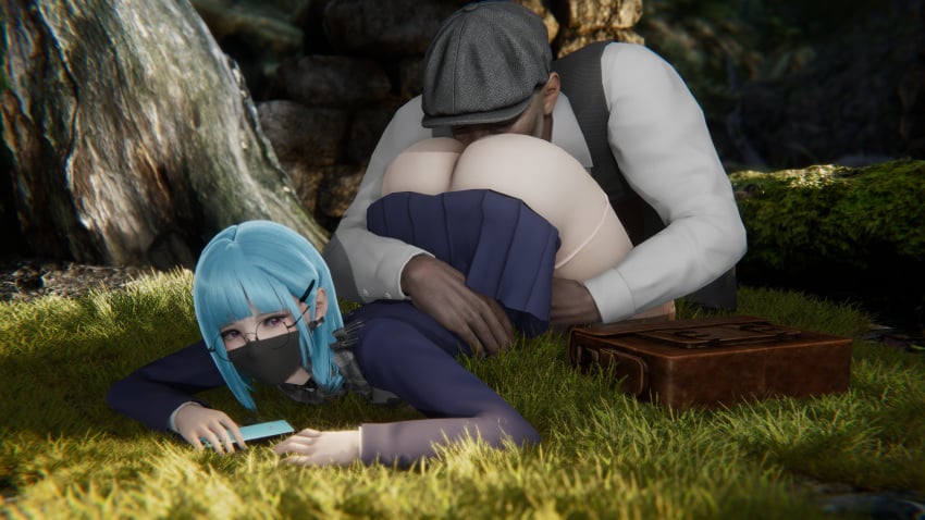 3d 3d_(artwork) ahwlly ahwlly_(artist) ass bag bent_over big_ass blazer blue_hair bob_cut earrings face_down_ass_up forced_fellatio forest glasses grass hairclip half_mask held_down holding_phone large_ass large_male looking_back mask mole mole_under_eye muscular_male newsboy_cap old_man panties_around_leg panties_down phone pink_eyes pleated_skirt scarf self_insert self_upload shirt short_hair skirt skirt_lift taken_from_behind tree uniform