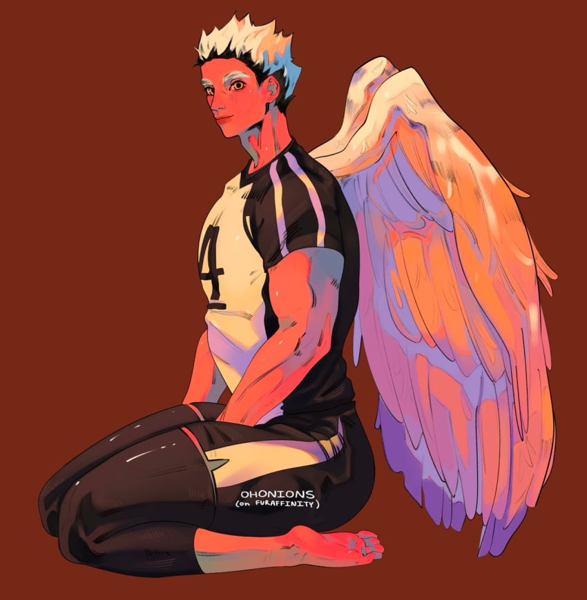 1boy bokuto_koutarou haikyuu!! male male_only muscular muscular_male muscular_thighs sitting solo thighs volleyball volleyball_uniform white_hair wings yellow_eyes