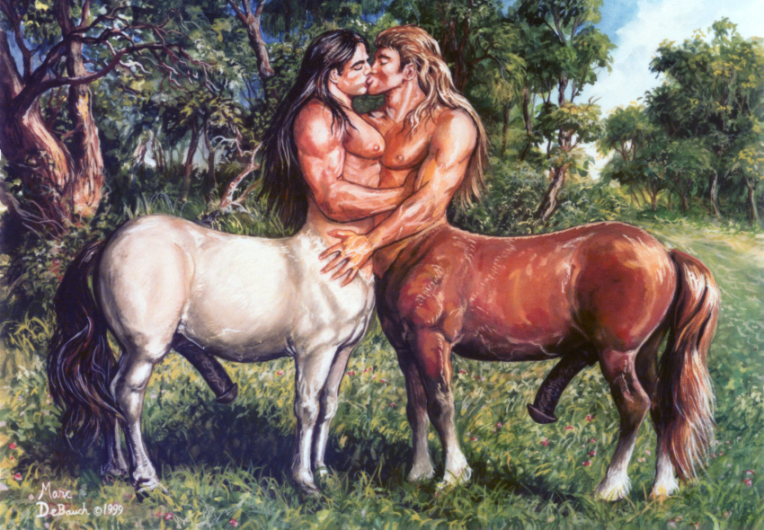 animal_genitalia animal_penis better_version_at_source centaur closed_eyes detailed_background duo equid equid_taur equine_genitalia equine_penis erection forest genitals grass hi_res humanoid_taur kissing male male/male male_centaur mammal mammal_taur marc_debauch nature nipples outside painting_(artwork) penis plant side_view taur taur_on_taur traditional_media_(artwork) tree wood