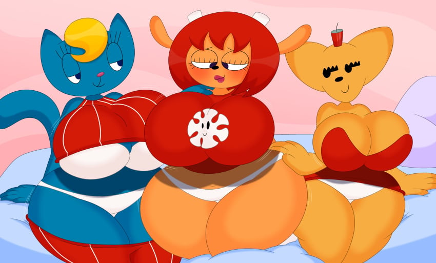 3barts 3girls anthro bed big_breasts bikini blonde_hair blue_eyes blush cat_ears cat_tail feline katy_kat lammy_lamb lipstick ma-san mouse parappa_the_rapper red_hair sheep sony_interactive_entertainment thick_thighs trio um_jammer_lammy wide_hips