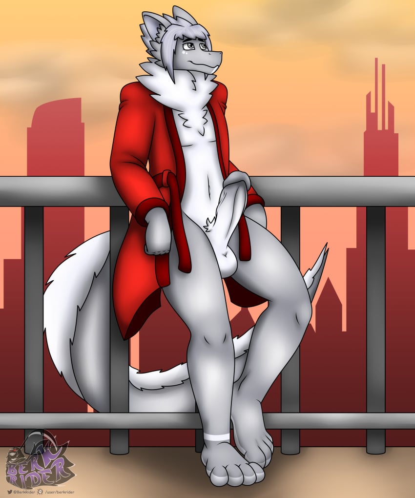 2023 4_toes absurd_res anthro balcony berk_rider city clothed clothing dragon erection feet fur genitals hair hi_res male male_only neck_tuft nude penis robe robe_only sky smile solo sunset tail thick_thighs toes tuft