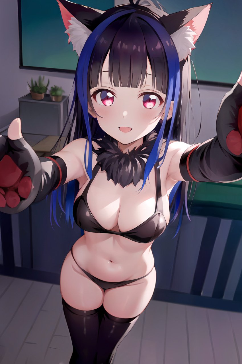 1girls ai_generated bikini blush breasts cat_ears catgirl cute kanojo_okarishimasu looking_at_viewer medium_breasts paw_gloves pawpads selfie smile stable_diffusion teasing teasing_viewer thighhighs yaemori_mini