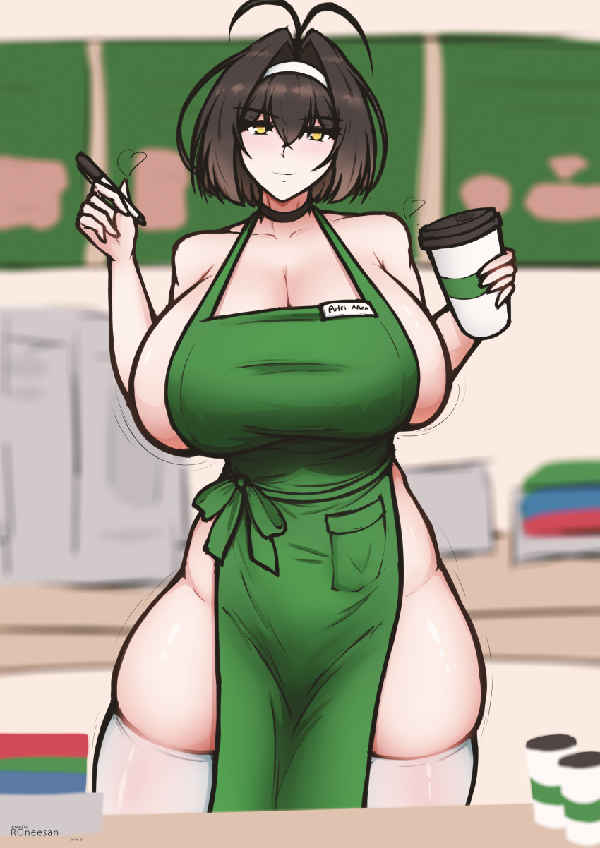 1girls barista employee employee_uniform green_apron hyper_breasts iced_latte_with_breast_milk putri_aruna roneesan sideboob starbucks