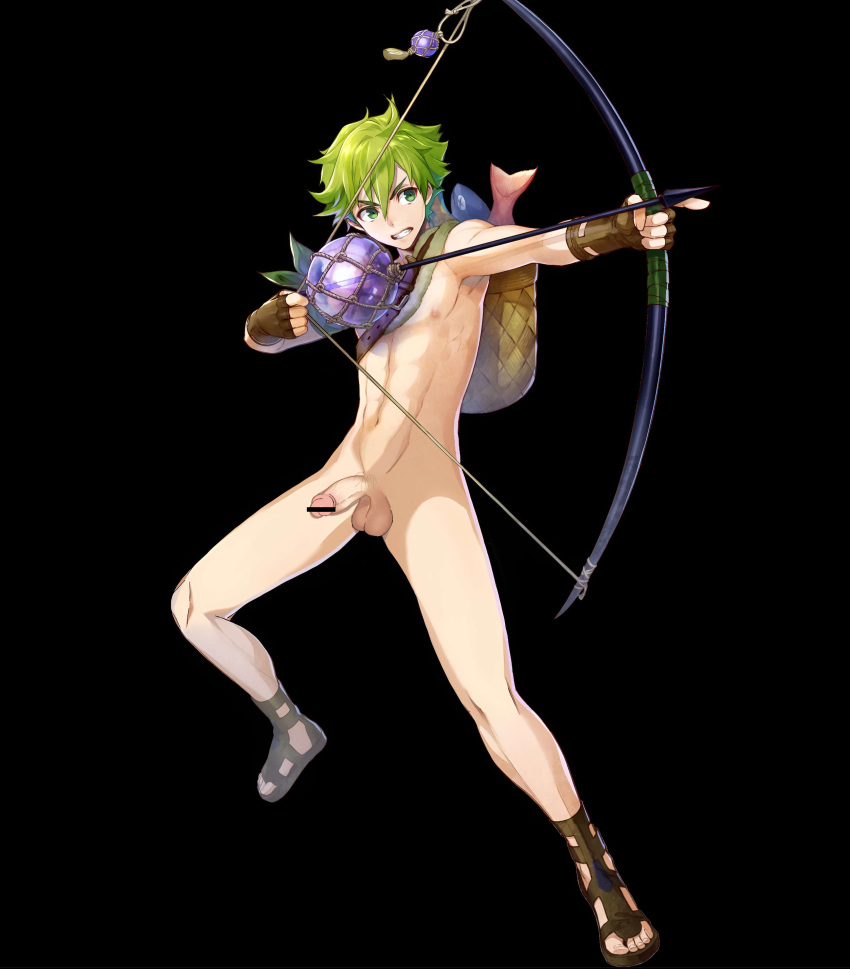 1boy aiming angry arrow_(projectile) attack basket black_background bow_(weapon) censored clenched_teeth codename_(user_mkxe3283) codename_edit completely_naked edit fingerless_gloves fire_emblem fire_emblem:_the_binding_blade fire_emblem_heroes fish gloves green_eyes green_hair male male_only naked naked_male nintendo nude_filter nude_male penis sandals short_hair solo twink wolt_(fire_emblem) wolt_(summer)_(fire_emblem)