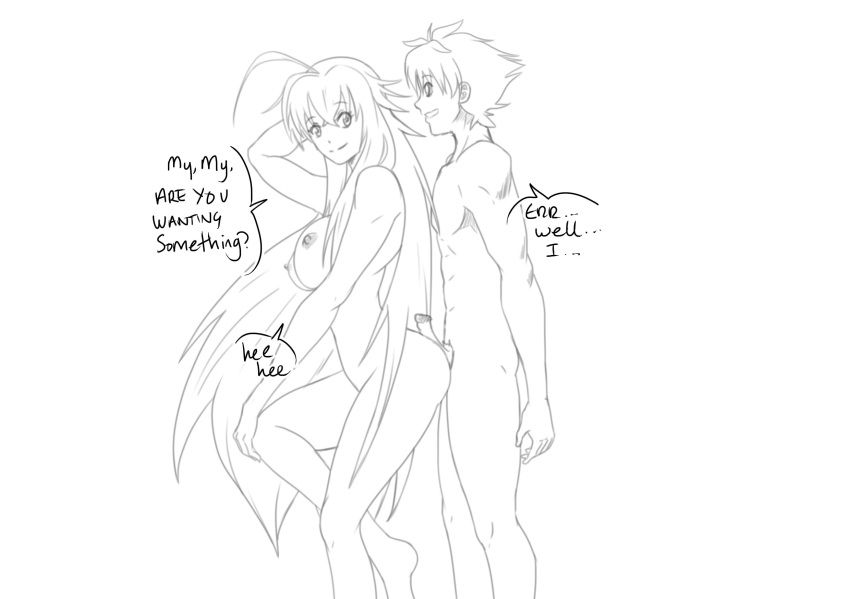 1boy 1boy1girl black_and_white breasts embarrassed_nude_male erection hetero high_school_dxd hyoudou_issei image_set long_hair mattwilson83 nude_female nude_male rias_gremory sketch