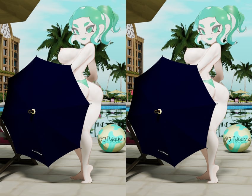 1girls 3d 3rd_party_edit ass bad_edit bikini_bottom breasts cross_stereogram edit edited female female_only green_eyes green_hair jtveemo looking_at_viewer octoling octoling_girl ponytail pool poolside solo splatoon stereogram thong umbrella