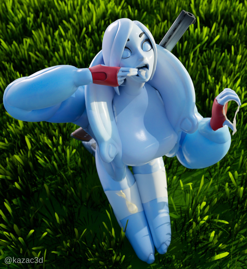 3d 3d_(artwork) airie_(fortnite) blender cum fortnite fortnite:_battle_royale grass kazac3d mannequin no_pupils open_mouth pinup red_gloves shotgun tongue tongue_out white_body white_clothing white_eyes white_hair