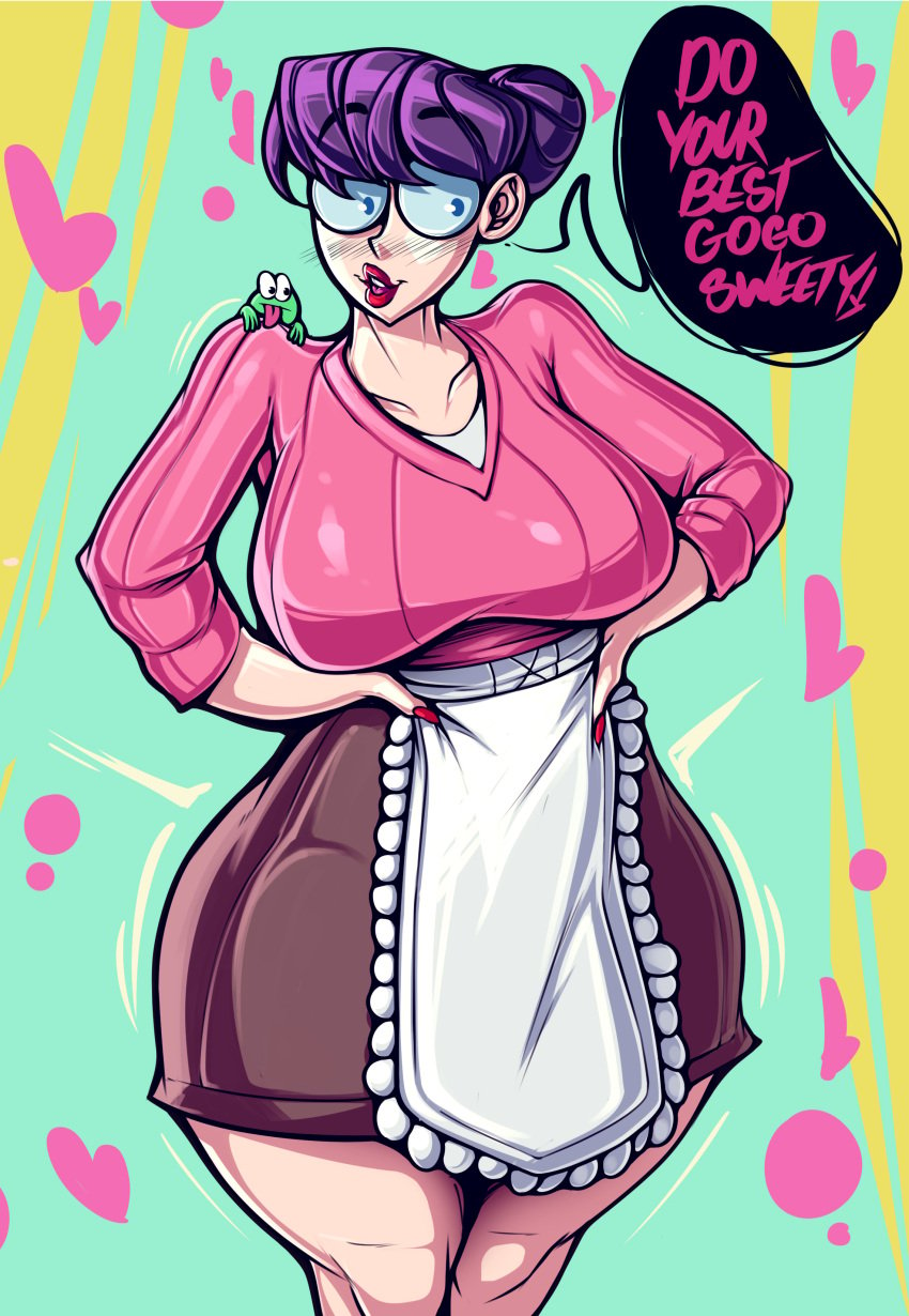 1girls apron big_breasts black_hair blush d3monone dialogue english_text eyebrows_visible_through_hair female female_only glasses hands_on_hips heart looking_at_viewer mama_(punch_punch_forever!) milf punch_punch_forever! red_lipstick round_glasses skirt smiling smiling_at_viewer solo speech_bubble sweater talking_to_viewer thick_thighs very_high_resolution wide_hips