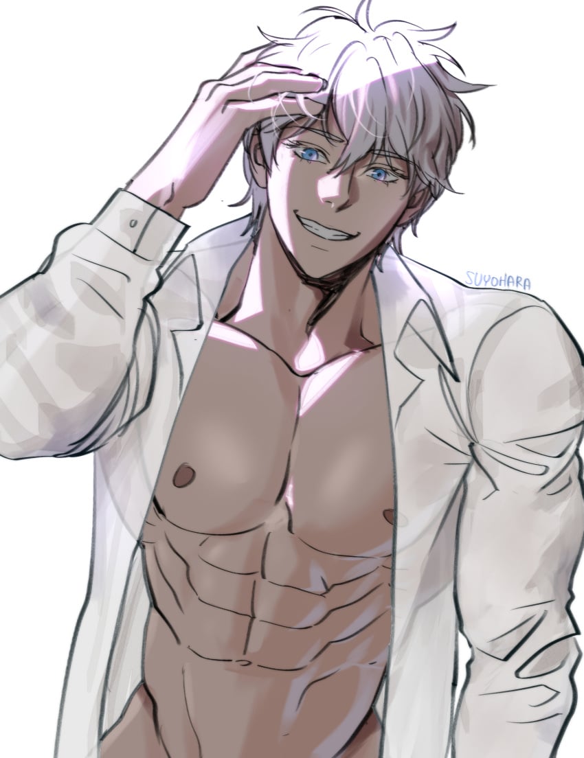 1boy abs big_pecs blue_eyes hand_on_hair jujutsu_kaisen male male_focus male_only muscular_male open_shirt pecs satoru_gojo serratus serratus_anterior shirt shirt_only smiling smiling_at_viewer solo suyohara v-line white_hair white_shirt