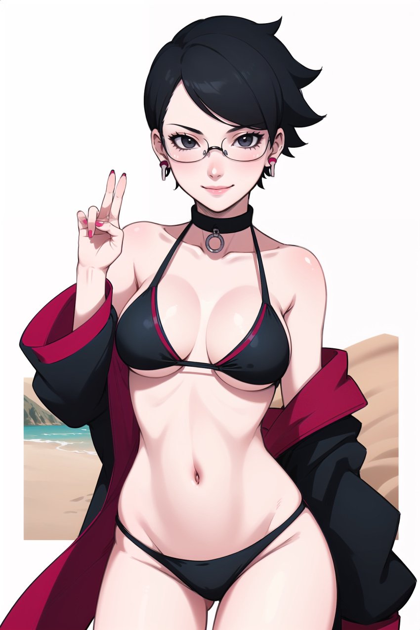 1girls aged_up ai_generated beach big_breasts bikini bikini_bottom bikini_top black_hair boruto:_naruto_next_generations boruto:_two_blue_vortex breasts choker collarbone cowboy_shot curvaceous dogeofvenice earrings eyewear female female_only glasses jacket lipstick makeup megane midriff nail_polish naruto naruto_(series) neckwear official_alternate_hairstyle outdoors petite pinup sarada_uchiha short_hair short_hair_female slim_waist solo solo_focus swimsuit teenage_girl teenager time_skip uchiha_sarada uchiha_symbol wide_hips