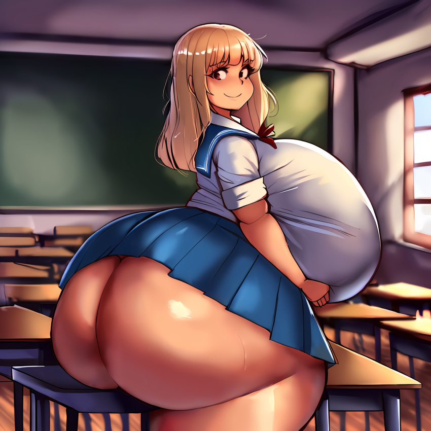 1girls ai_generated big_ass big_breasts big_butt blonde blonde_female blonde_hair female school school_uniform schoolgirl seaart.ai skirt smile smiling_at_viewer tables