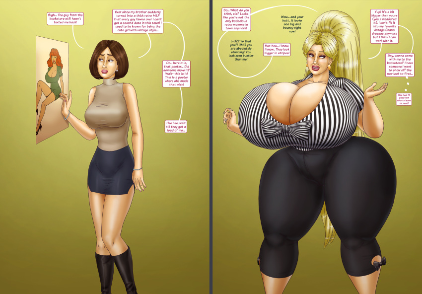 1girls ass_expansion before_and_after bimbofication breast_expansion gigantic_breasts hourglass_expansion hourglass_figure huge_ass huge_hips saturnxart size_comparison transformation wide_hips