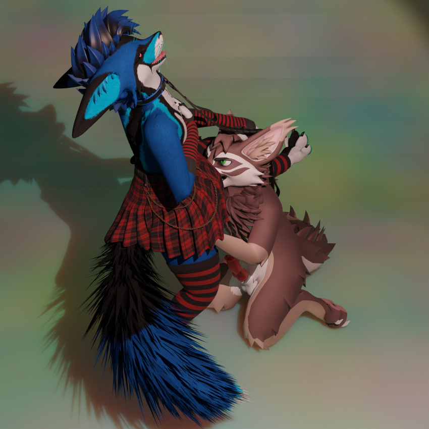 anthro arm_warmers armwear ass bottomwear canid canine clothing collar duo endoras fellatio freakhound fur hi_res jasper_ferret knot leash leg_warmers legwear male male/male mammal oral penile petting rexouium sex skirt