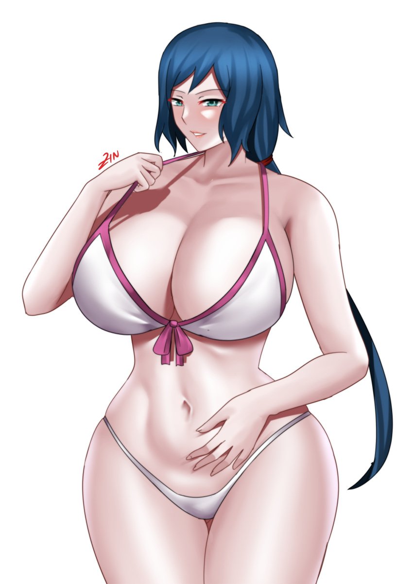 1girls big_breasts bikini bikini_bottom bikini_top blue_hair breasts cleavage female female_only green_eyes gundam gundam_build_fighters hair hips huge_breasts iori_rinko mature mature_female mature_woman milf mother ponytail solo solo_female swimwear thighs topwear white_background white_bikini zinfian