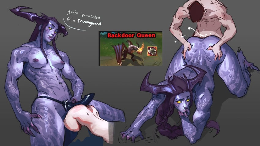 1boy 1girls all_fours ambiguous_penetration anal anal_sex annienudesart ass cum cum_inside doggy_style dragon dragon_girl larger_female league_of_legends monster_girl nude sex shyvana size_difference small_breasts smile strap-on verse_(role)