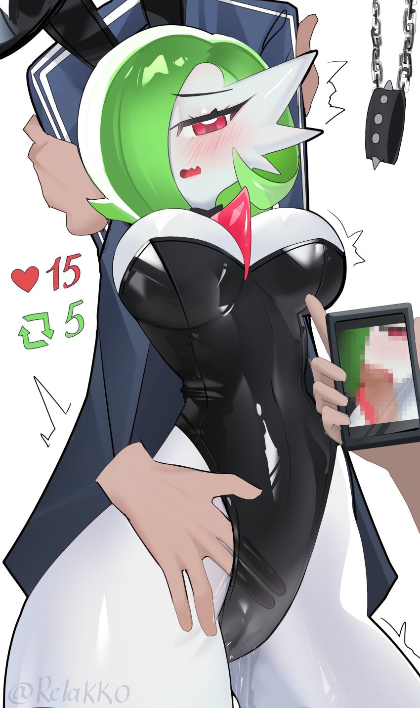 absurd_res anthro blush bodily_fluids breasts bunny_costume bunny_ears bunnysuit cameltoe clothed clothing costume fake_animal_ears fake_ears female gardevoir generation_3_pokemon genital_fluids genitals green_hair hair hair_over_one_eye hands_behind_head hi_res leotard nintendo open_mouth pokemon pokemon_(species) pussy pussy_juice re1akko red_eyes solo white_body