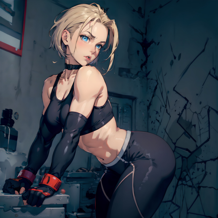 ai_generated black_choker blonde_hair blue_eyes cammy_white capcom choker crop_top fingerless_gloves fit_female gloves leggings short_hair skizzen solo sports_bra sportswear street_fighter street_fighter_6 thin_waist wide_hips