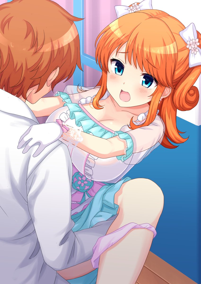 1boy 1girls blue_eyes blush bow breasts brown_hair center_frills cleavage clothed_sex collarbone curly_hair dress female flower foot_out_of_frame frilled_dress frills furrowed_brow girlfriend_(kari) gloves hair_flower hair_ornament hairbow hands_on_another's_shoulders highres jacket large_breasts leg_grab light-skinned_female light-skinned_male light_skin long_sleeves looking_at_another m_legs medium_hair multicolored_clothes multicolored_dress multiple_hair_bows open_mouth orange_hair panties panties_around_one_leg perapera pink_bow pink_panties sagara_emi see-through see-through_sleeves sex short_hair short_sleeves sidelocks straight swept_bangs tongue two_side_up underwear white_bow white_gloves white_jacket