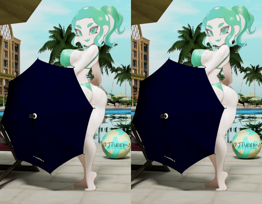 1girls 3d 3rd_party_edit ass bikini breasts cross_stereogram edit edited female female_only green_eyes green_hair jtveemo looking_at_viewer octoling octoling_girl ponytail pool poolside solo splatoon stereogram umbrella