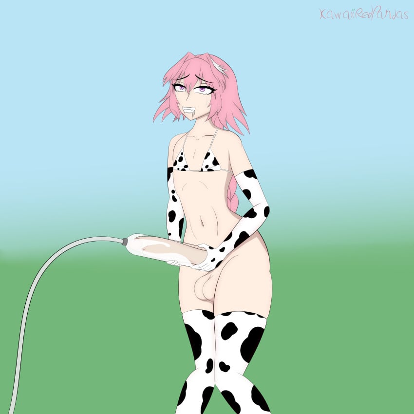 astolfo_(fate) balls big_penis cow_print_bikini cum ejaculation erection fate/apocrypha fate/grand_order fate_(series) femboy kawaiiredpandas knees_together_feet_apart light-skinned_male milking_machine penis_milking pink_hair purple_eyes solo trap