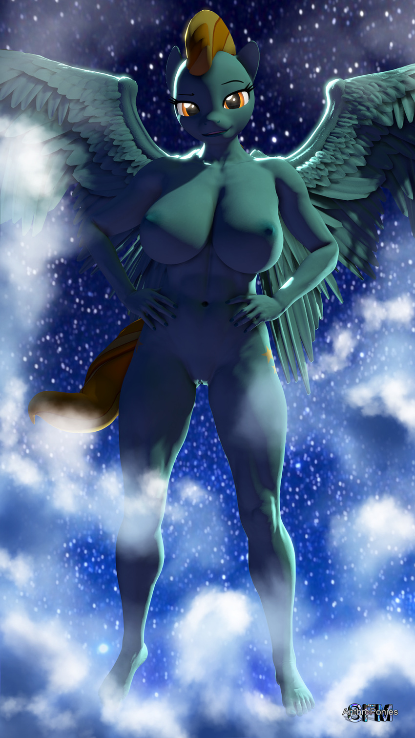 3d abs amber_eyes anthro anthrofied anthroponiessfm areola blonde_hair breasts equid equine female friendship_is_magic genitals hair hands_on_hips hasbro hi_res large_breasts lightning_dust_(mlp) looking_at_viewer mammal muscular muscular_anthro muscular_female my_little_pony night nipple_outline nipples nude pegasus pussy solo spread_wings star wings