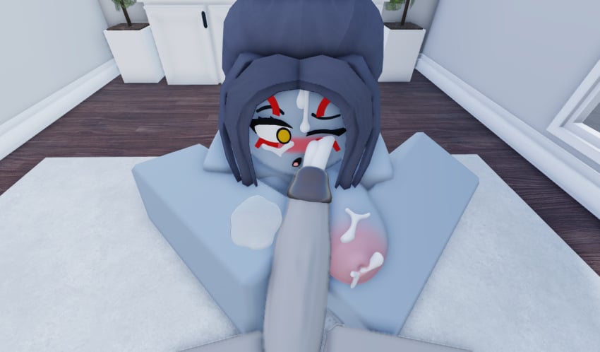 1boy 1girls 3d adret_(deepwoken) after_fellatio bedroom blue_body blue_hair cum_on_breasts cum_on_face cumshot deepwoken grey_penis holding_breast holding_penis karliah_(deepwoken) large_breasts large_penis legoeater long_hair one_eye_closed pov roblox roblox_game self_upload yellow_eyes