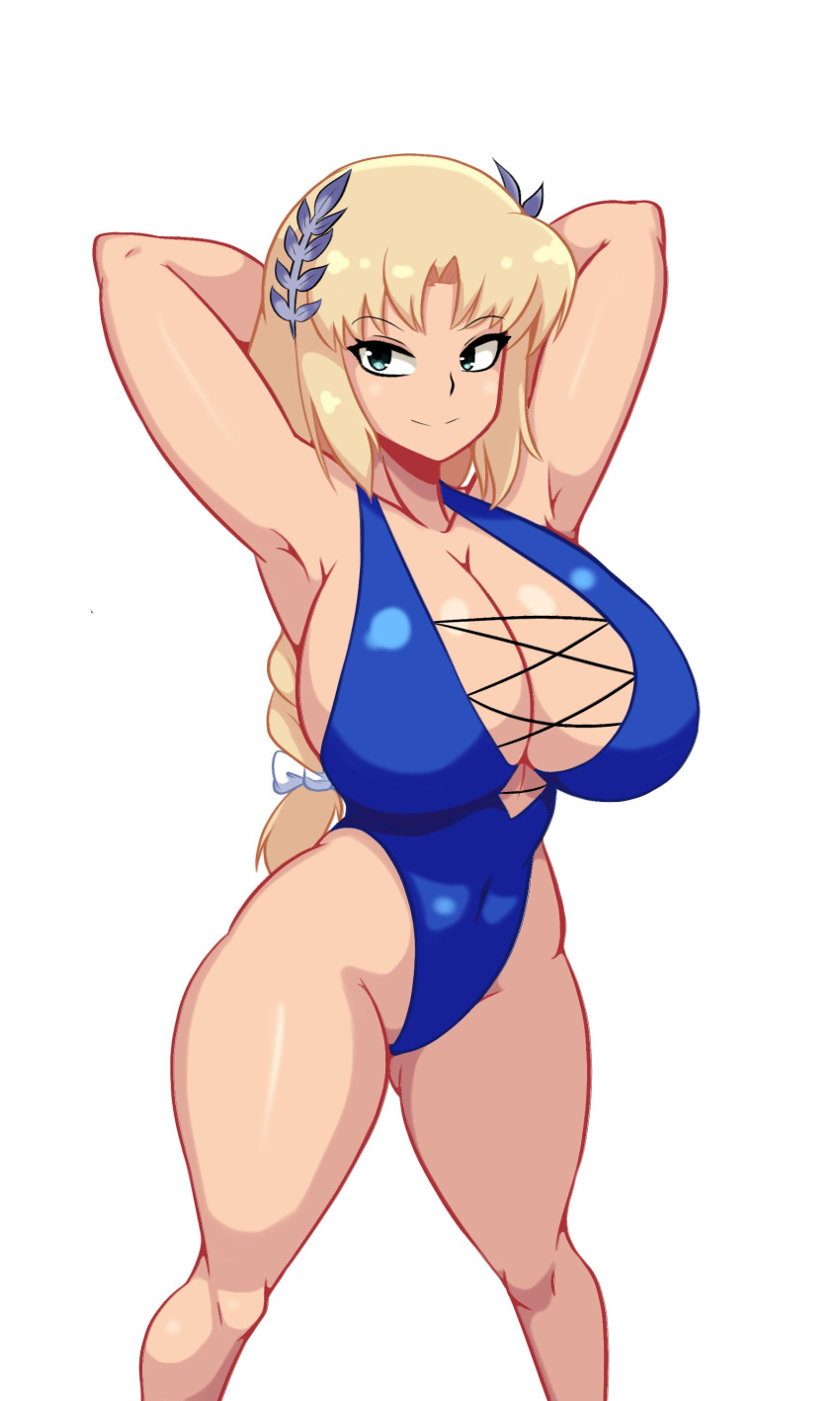 1girls armpits arms_behind_head bandai_namco big_breasts blonde_hair breasts busty cleavage covered_navel female female_only green_eyes highres huge_breasts iggy-bomb legs long_hair mature mature_female mature_woman milf one-piece_swimsuit pose posing seductive_smile sensual sexy_armpits smile sophitia_alexandra soul_calibur swimsuit thick_thighs voluptuous