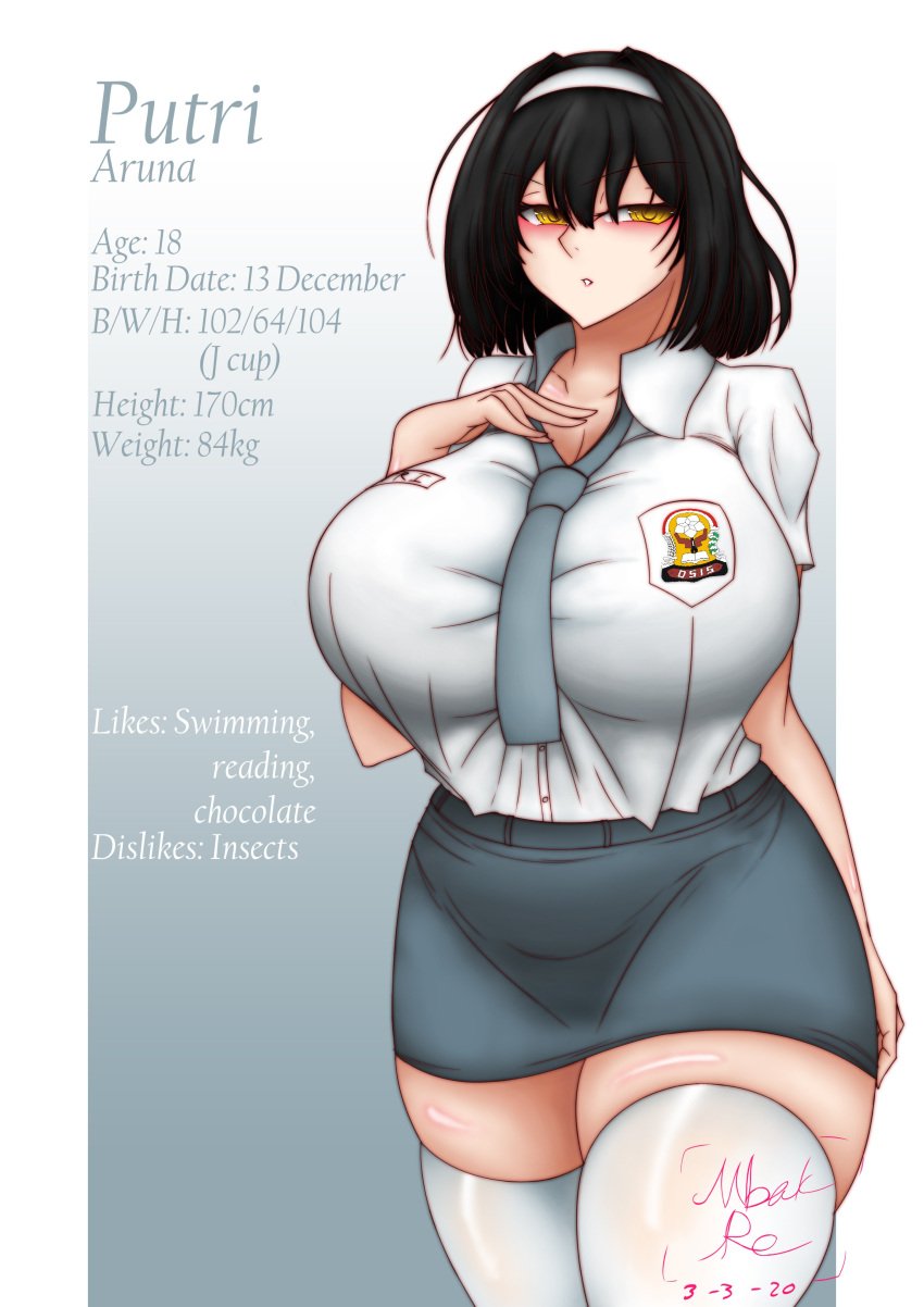 1girls black_hair bra character_sheet cleavage huge_ass hyper_breasts putri_aruna roneesan school_uniform thick_thighs white_shirt