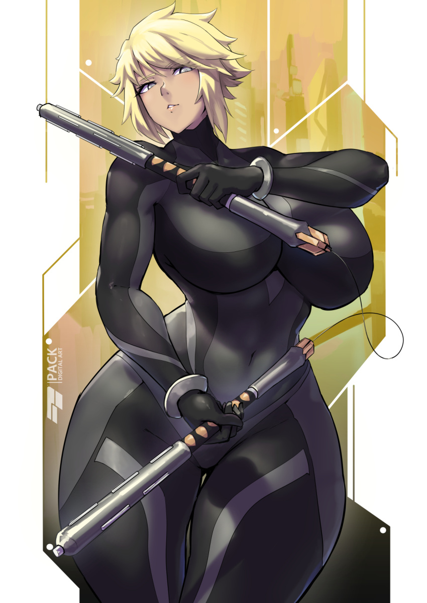 1girls athletic athletic_female baton_(weapon) big_breasts big_thighs blonde_female blonde_hair bodysuit breasts gray_eyes jumpsuit large_breasts looking_at_viewer muscular muscular_female original original_character packge solo solo_female solo_focus thick_thighs thighs tomboy weapons